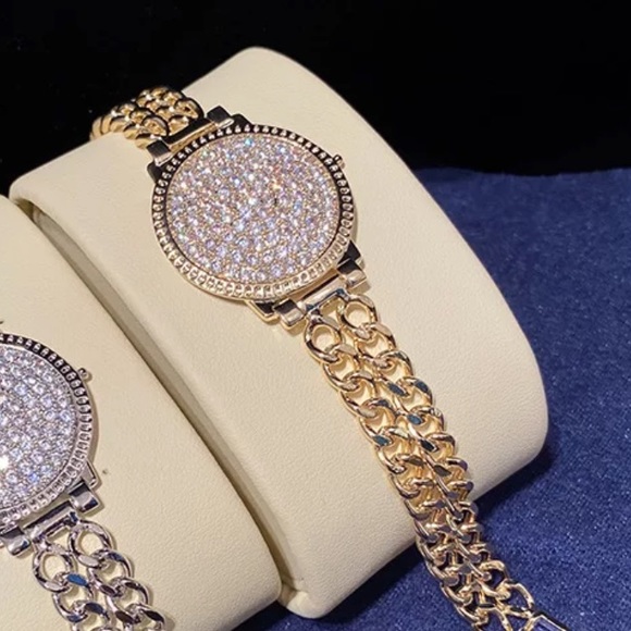NEW 18K RHINESTONES DOUBLE WATCH CHAIN STRAP BRACELET - Picture 5 of 7